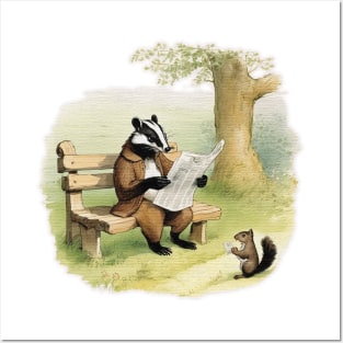 badger sitting on a bench reading a newspaper Posters and Art